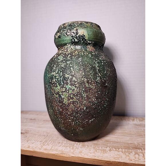 Janka Raku Pottery Vase Vessel Green Rust Orange 7" Handmade Wheel Thrown - Picture 6 of 9